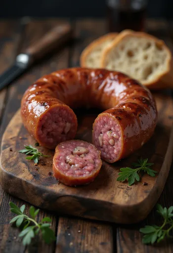 Griežinėliais pjaustyta rūkyta dešra, patiekiama su šviežia duona ir paprika.