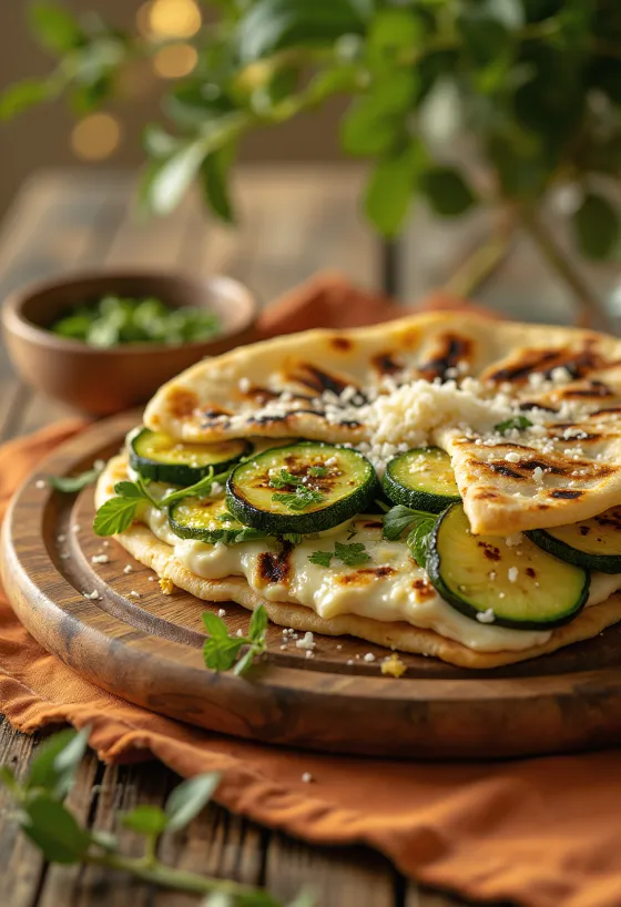 Patiekta piadina su bazilikų kremu ir grįstomis cukinijomis