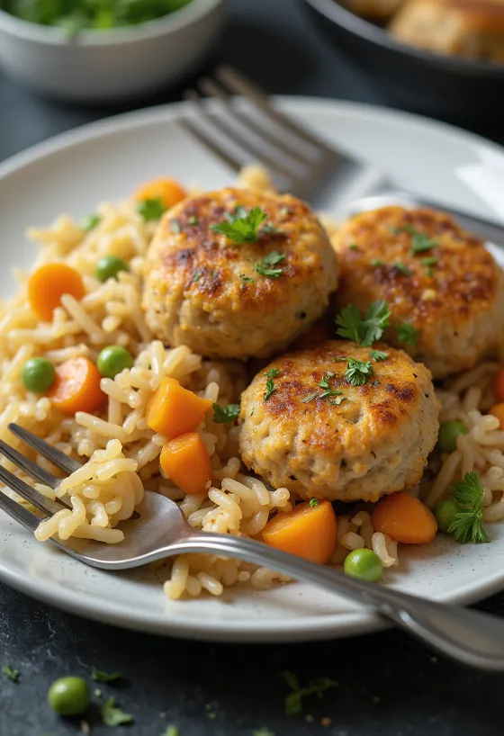 Kalakutienos kotletai su daržovėmis ir ryžiais lėkštėje