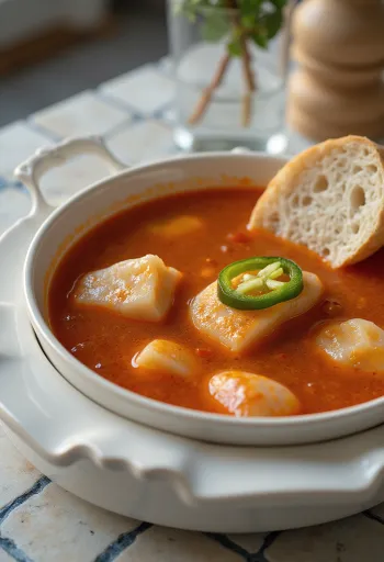 Žuvienė iš šviežio karpio, patiekiama su raudonu paprikos padažu ir aitriąja paprika