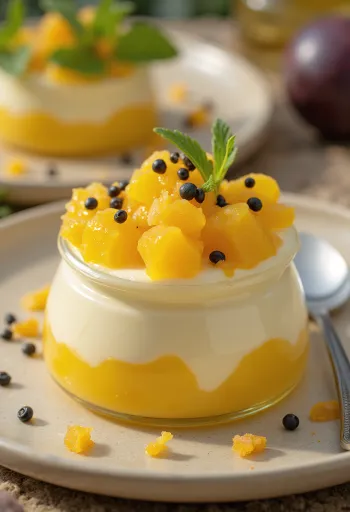 Pasiflorų panna cotta stiklinėje