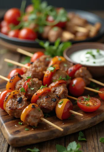 Mini kebabų iešmeliai su grilyje keptais mėsos kukuliais ir jogurtiniu padažu