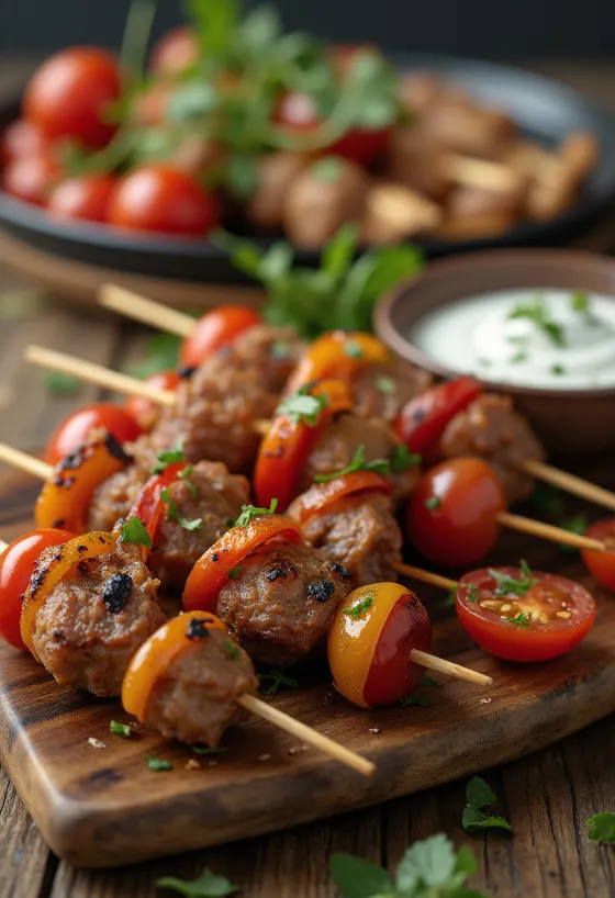 Mini kebabų iešmeliai su grilyje keptais mėsos kukuliais ir jogurtiniu padažu