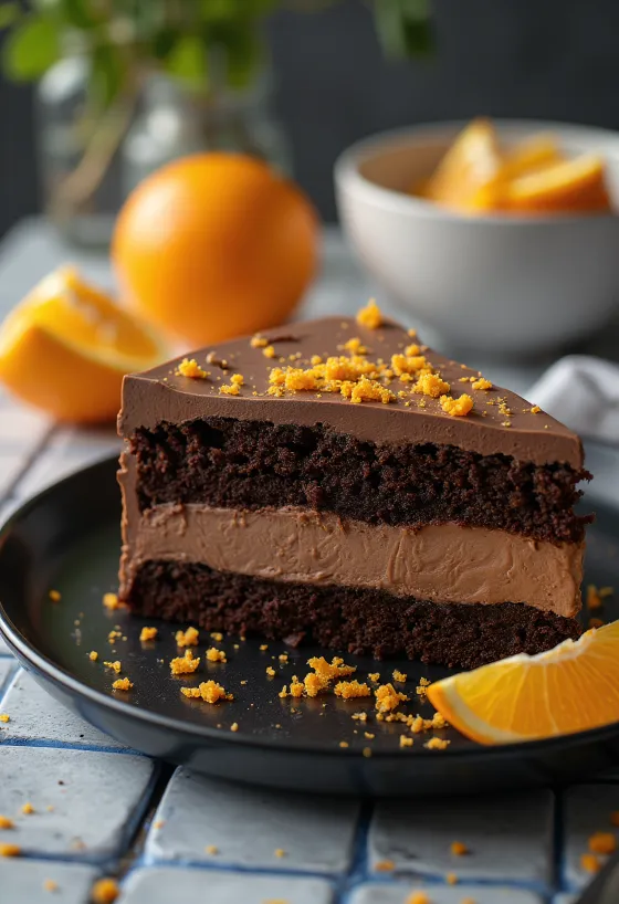 Apelsininis šokolado putėsių tortas su sodriu kremu ir apelsinų griežinėliais