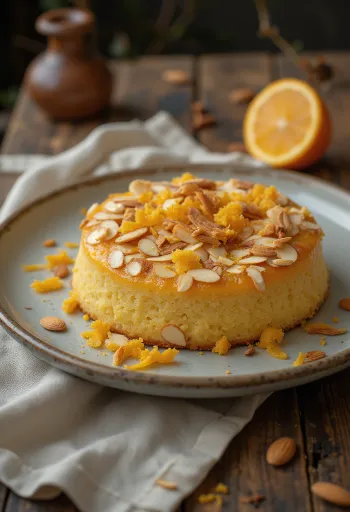 Apelsinų ir migdolų tortas lėkštėje