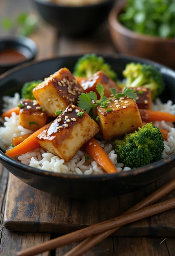 Tofu su sezamais ir daržovėmis, keptais sezamais ir šviežiomis daržovėmis patiektas.