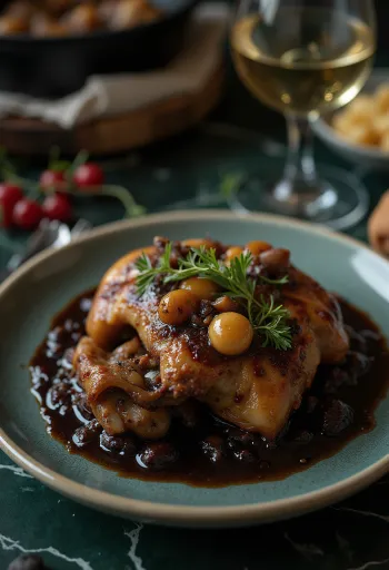 „Coq au Vin“ patiektas su šviežiomis petražolėmis ir duona