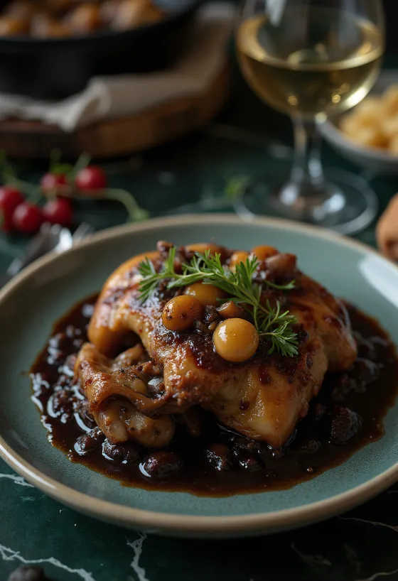 „Coq au Vin“ patiektas su šviežiomis petražolėmis ir duona