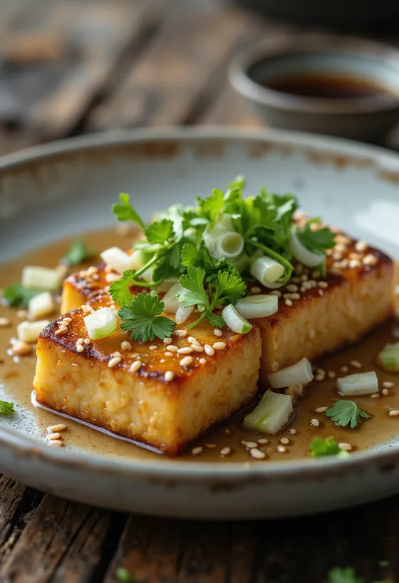 Tofu kepsnys su sezamų sėklomis, papuoštas šviežia kalendra