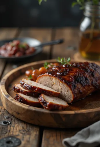 BBQ kiaulienos nugarinė patiekta griežinėliais