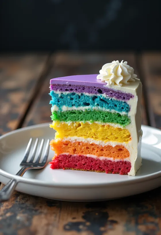 Vaivorykštės tortas su baltu fondantu ir spalvotais vidiniais sluoksniais