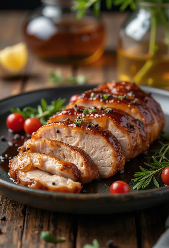 BBQ kiaulienos nugarinė su medaus glazūra patiekta