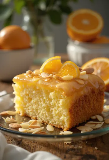 Supjaustytas ir patiektas apelsininis migdolų tortas
