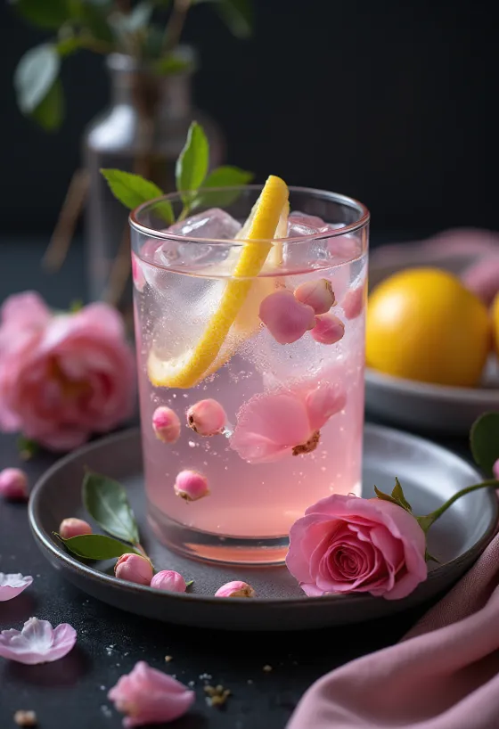Limonadas su rožių vandeniu stiklinėje