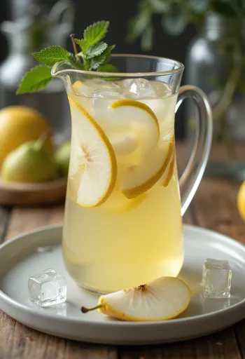 Kriaušių ir citrinų limonadas stiklinėje, papuoštas šviežia mėta ir kriaušės griežinėliu