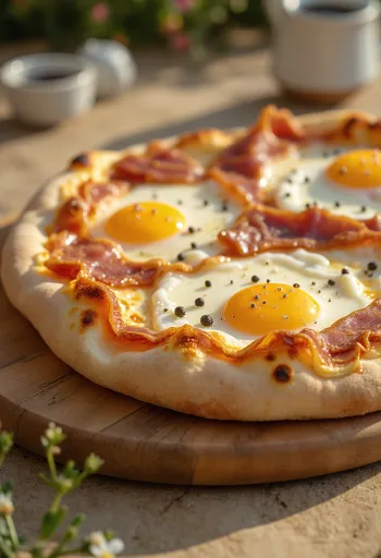 Pizza alla Pancetta e Uova su šonine ir kiaušiniais