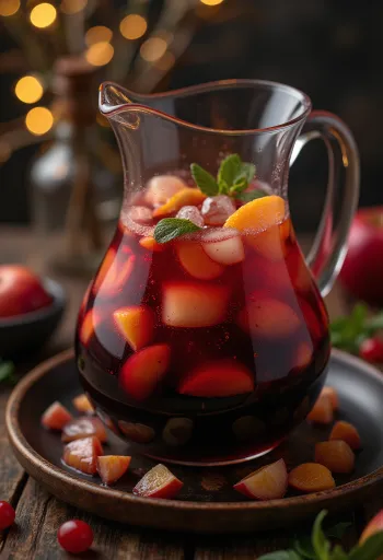 Sangrija, patiekiama su šviežiais vaisiais ir ledo kubeliais