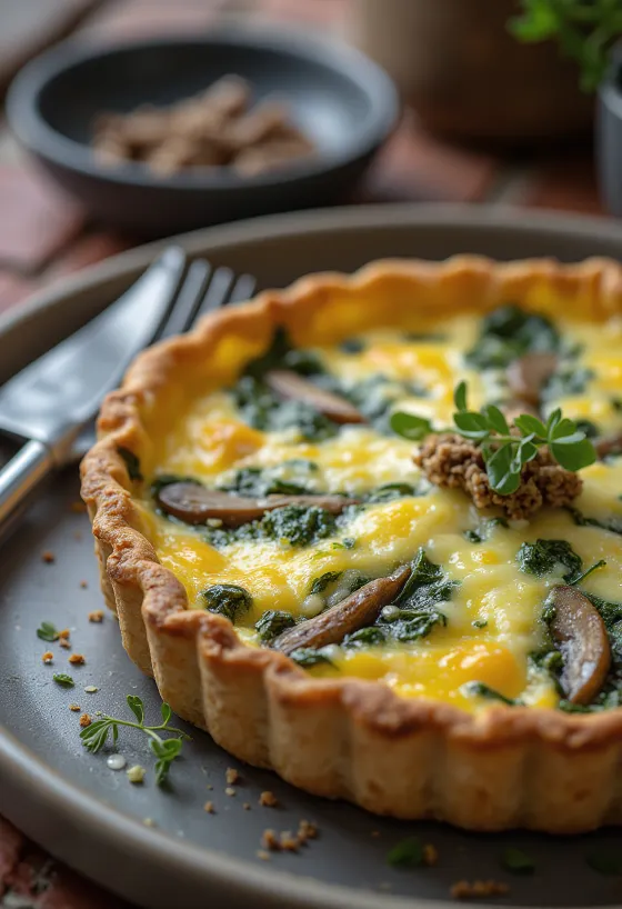 „Quiche“ pyragas su špinatais ir grybais, iškeptas auksinės rudos spalvos, supjaustytas