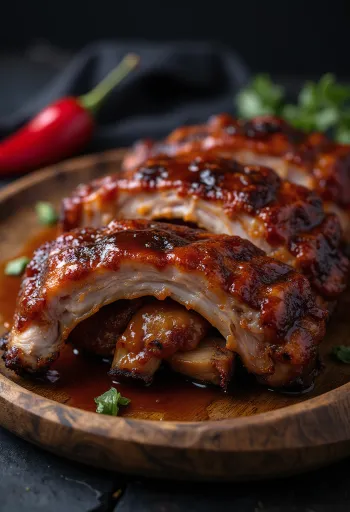 BBQ aštrūs kiaulienos šonkauliai patiekti lėkštėje