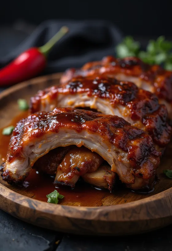 BBQ aštrūs kiaulienos šonkauliai patiekti lėkštėje