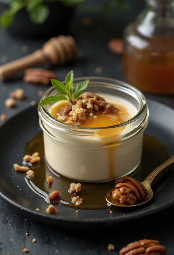 Patiekta panna cotta su pekano riešutais