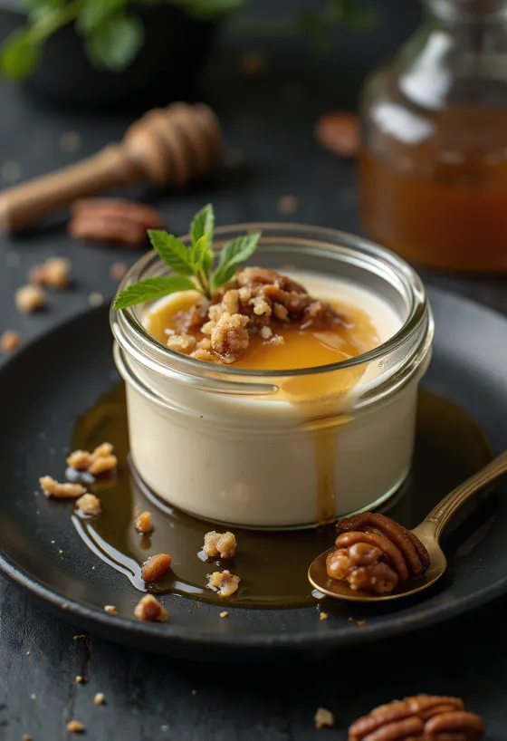 Patiekta panna cotta su pekano riešutais