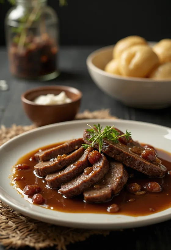 Tamsus jautienos kepsnys Sauerbraten su tirštu padažu lėkštėje