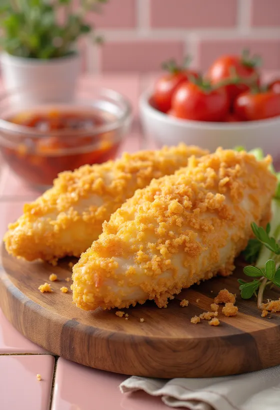 Paniruota vištienos krūtinėlė, kepta iki auksinės spalvos, patiekiama su šviežiomis salotomis