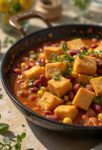 Aštrus tofu su pupelėmis lėkštėje