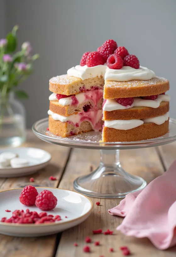 Zefyrų ir aviečių tortas, papuoštas šviežiomis avietėmis
