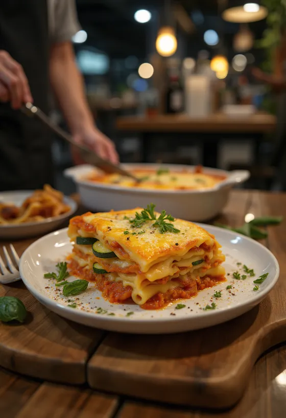 Patiekiama daržovių lazanija su veganišku sūriu