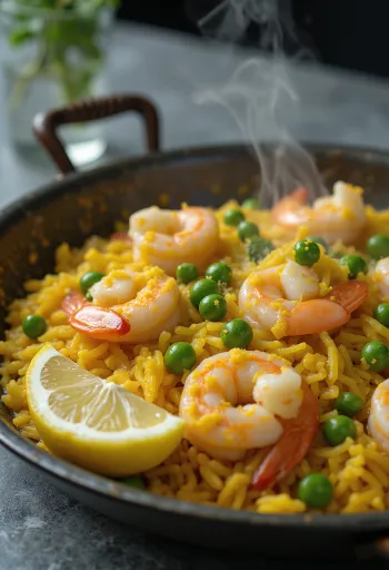 Ispaniška paella su šviežiomis jūros gėrybėmis, daržovėmis ir šafranu