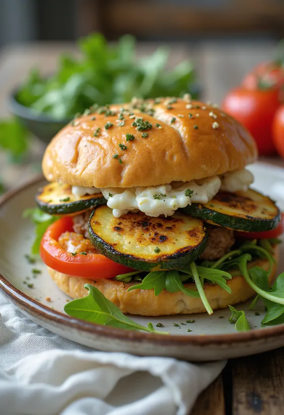 Vegetariškas mėsainis su griliuotomis daržovėmis