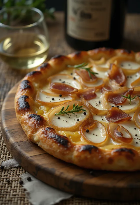 Tarte flambée su grietine, svogūnais ir šonine