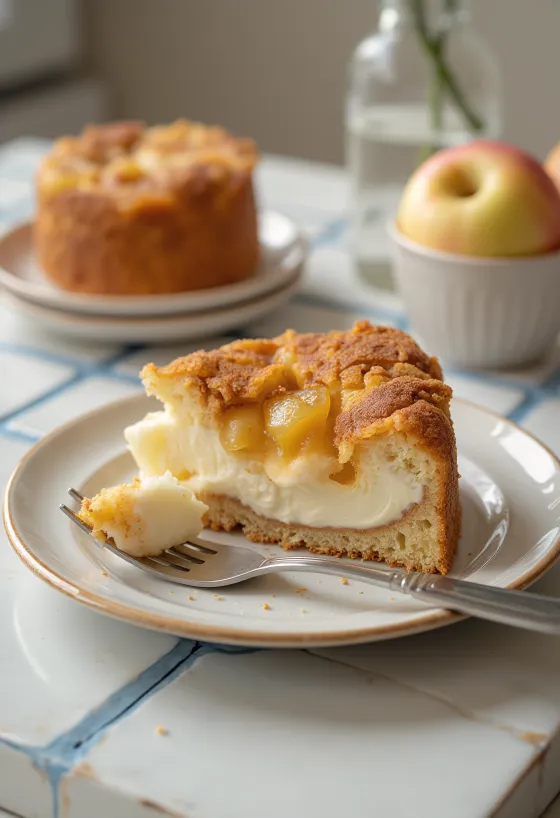 Obuolių ir varškės tortas, papuoštas obuoliais ir cinamonu