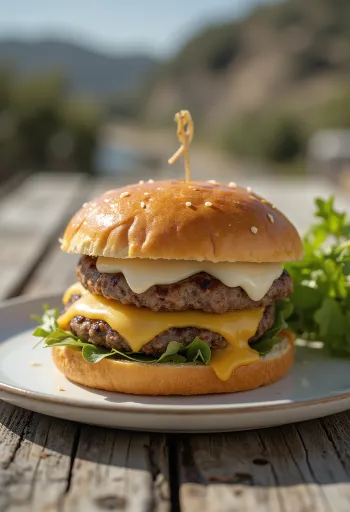 Mėsainis su „Monterey Jack“ sūriu, sultingu mėsos paplotėliu ir išsilydžiusiu sūriu