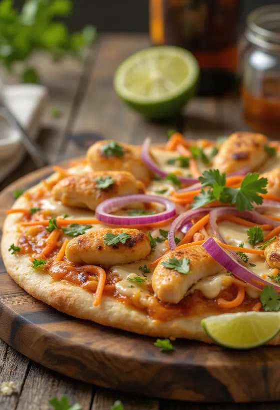 Thai chicken pizza su žemės riešutų padažu ir kalendra