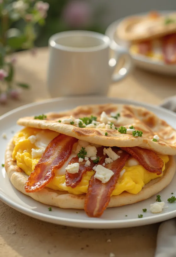 Pita su šonine ir kiaušiniais, feta sūriu ir šviežiais daržovėmis