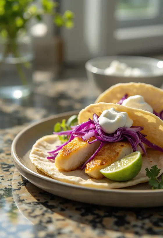 Pescado taco patiektas su laimu ir kalendra