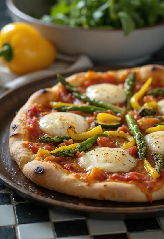 Pizza Primavera su pavasarinėmis daržovėmis ir bazilikais