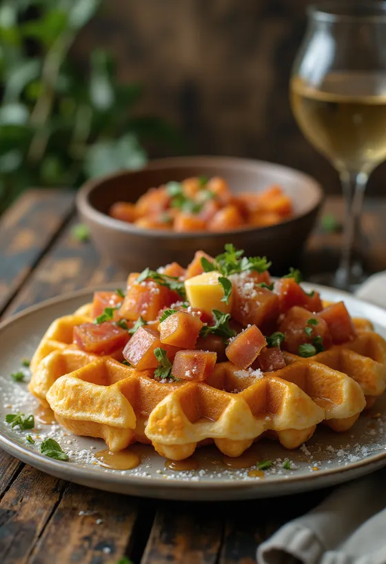 Vafliai su čioriso ir Mančego sūriu, patiekti su petražolėmis ir rūkyta paprika