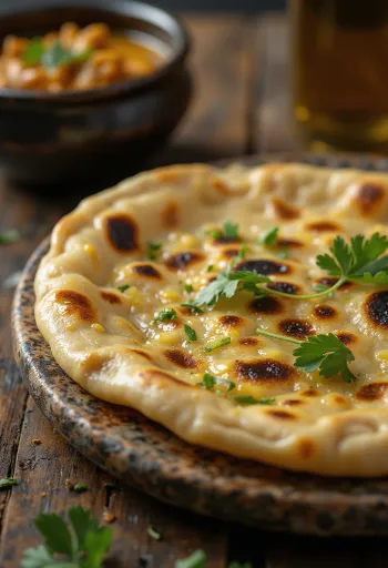Chapati blynas su prieskoniais ir ghee sviestu patiektas