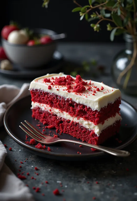 Veganiškas red velvet tortas su šviežiais vaisiais