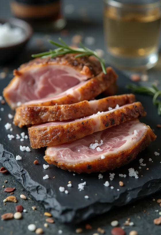Iberico pork secreto patiektas su citrinos griežinėliais ir keptomis daržovėmis.
