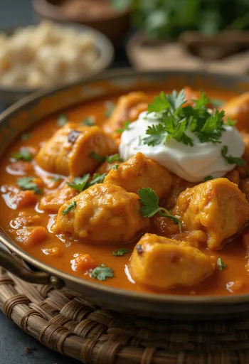 Vištiena tikka masala kreminiame pomidorų padaže, papuošta šviežia kalendra