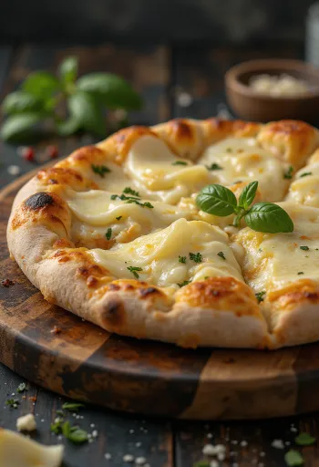 Pizza ai Formaggi patiekta su įvairiais sūriais ir šviežiais bazilikais