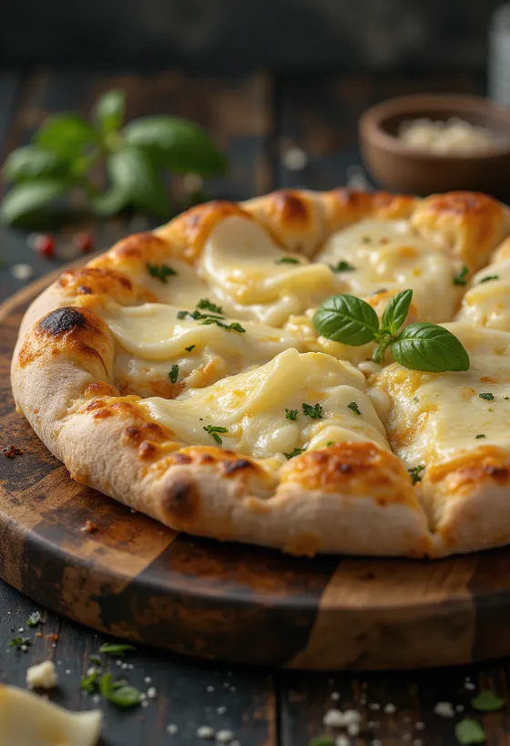 Pizza ai Formaggi patiekta su įvairiais sūriais ir šviežiais bazilikais