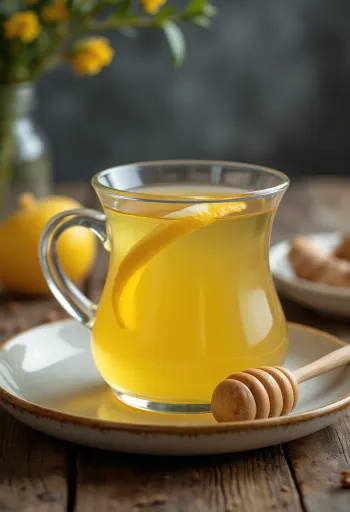 Šviežia imbierinė arbata su medumi puodelyje su citrina ir cinamonu