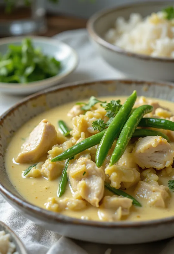 Tailandietiškas žaliasis karis su vištiena ir daržovėmis