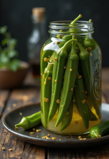 Aštri marinuota okra stiklainyje